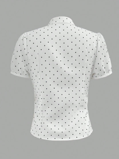 2026 Summer New French Sweet Fashion V-Neck Short Sleeve Blouse With Bow Tie Waist Cinched, Polka Dot Casual Wear For Date, Brunch, Daily White