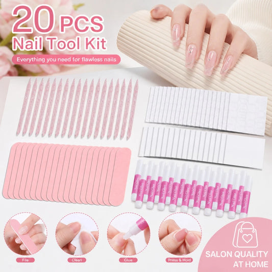 20pcs DIY Press On Nail Kit For Women- Complete Fake Nails Tool Set With Jelly Glue, Nail File, Wood Stick & Cuticle Pusher, Ideal For Beginners & Travel