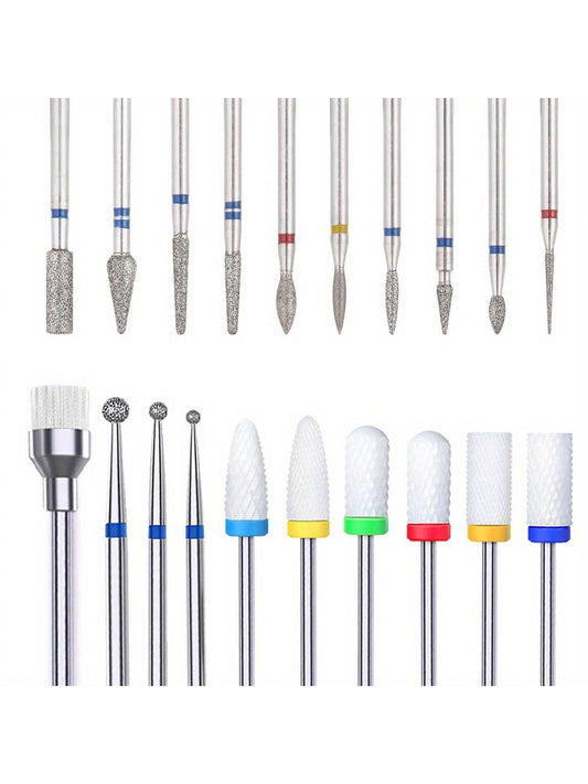 20pcs/Set Nail Drill Bits, 3/32" Professional Ceramic & Diamond Nail Files, Electric Nail Drill Bits For Acrylic Gel Nail Care & Pedicure, Odorless Multi-Grit Tool Kit