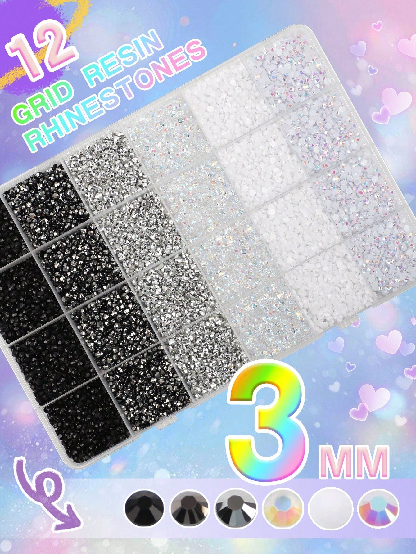 24 Grids Jelly Resin Flatback Rhinestones Kit, Assorted Multi-Size Multicolor Glossy Crystal Gems With Pickup Pen & Tweezers For DIY Nail Art, Tumblers, Sneakers & Bedazzling Handcraft Decor
