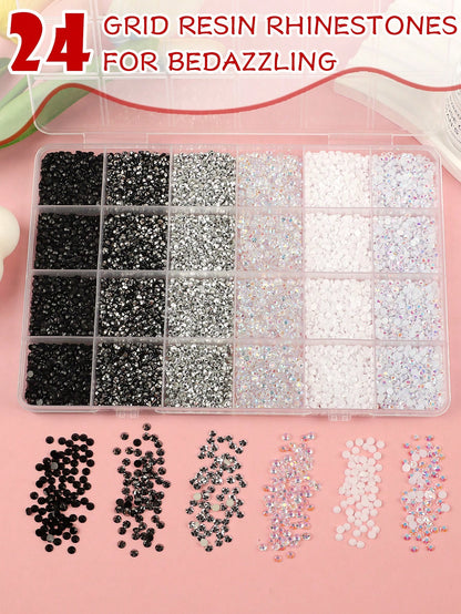 24 Grids Jelly Resin Flatback Rhinestones Kit, Assorted Multi-Size Multicolor Glossy Crystal Gems With Pickup Pen & Tweezers For DIY Nail Art, Tumblers, Sneakers & Bedazzling Handcraft Decor