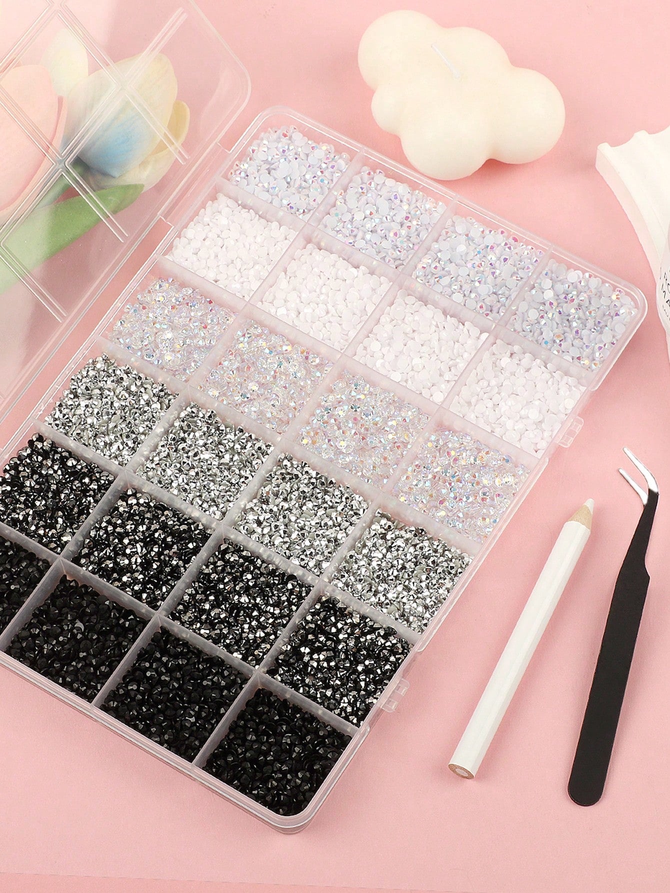 24 Grids Jelly Resin Flatback Rhinestones Kit, Assorted Multi-Size Multicolor Glossy Crystal Gems With Pickup Pen & Tweezers For DIY Nail Art, Tumblers, Sneakers & Bedazzling Handcraft Decor