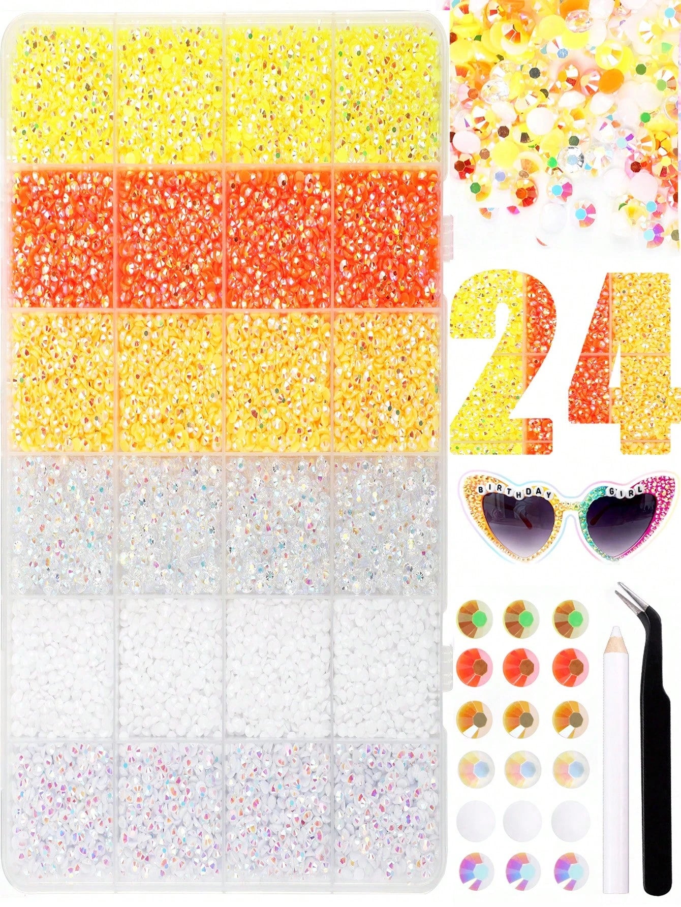 24 Grids Jelly Resin Flatback Rhinestones Kit, Assorted Multi-Size Multicolor Glossy Crystal Gems With Pickup Pen & Tweezers For DIY Nail Art, Tumblers, Sneakers & Bedazzling Handcraft Decor