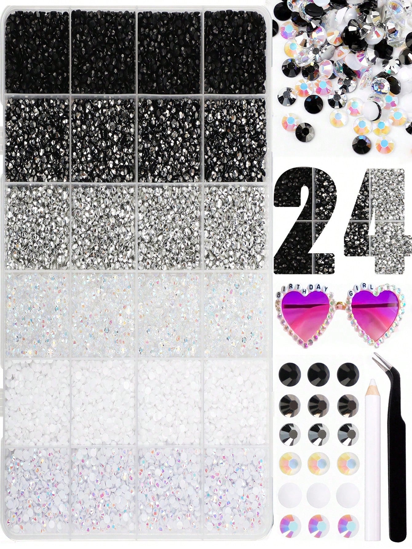 24 Grids Jelly Resin Flatback Rhinestones Kit, Assorted Multi-Size Multicolor Glossy Crystal Gems With Pickup Pen & Tweezers For DIY Nail Art, Tumblers, Sneakers & Bedazzling Handcraft Decor