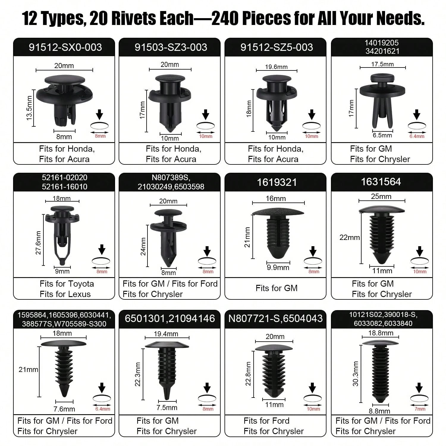 240pcs Car Plastic Push Pin Rivet Fasteners, Assortment Universal Retainer Clips Push Type Retainers Set In Case With Remover Tool