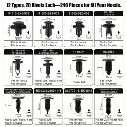 240pcs Car Plastic Push Pin Rivet Fasteners, Assortment Universal Retainer Clips Push Type Retainers Set In Case With Remover Tool