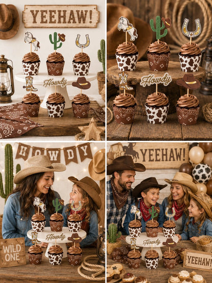 24pcs-Western Cupcake Liners| Cowboy Baby Shower| Howdy Wild West Horse Cactus Horseshoe Cupcake Selection, Birthday Cake Decoration, Country Dance Party Food Accessories, Little Cowboy Baby Shower