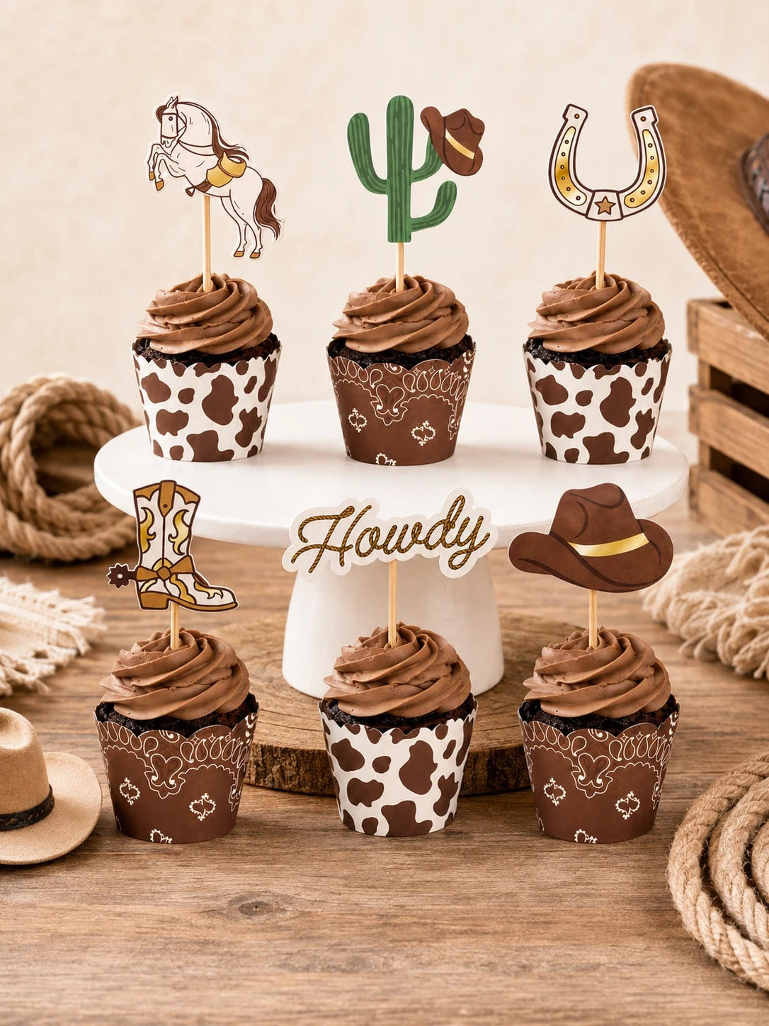 24pcs-Western Cupcake Liners| Cowboy Baby Shower| Howdy Wild West Horse Cactus Horseshoe Cupcake Selection, Birthday Cake Decoration, Country Dance Party Food Accessories, Little Cowboy Baby Shower