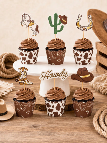 24pcs-Western Cupcake Liners| Cowboy Baby Shower| Howdy Wild West Horse Cactus Horseshoe Cupcake Selection, Birthday Cake Decoration, Country Dance Party Food Accessories, Little Cowboy Baby Shower