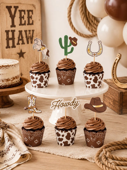 24pcs-Western Cupcake Liners| Cowboy Baby Shower| Howdy Wild West Horse Cactus Horseshoe Cupcake Selection, Birthday Cake Decoration, Country Dance Party Food Accessories, Little Cowboy Baby Shower