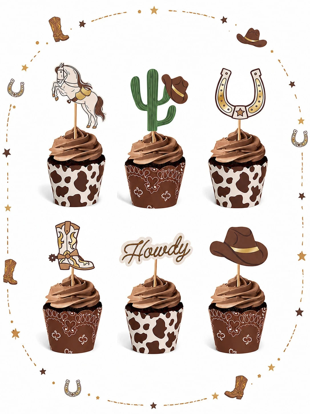24pcs-Western Cupcake Liners| Cowboy Baby Shower| Howdy Wild West Horse Cactus Horseshoe Cupcake Selection, Birthday Cake Decoration, Country Dance Party Food Accessories, Little Cowboy Baby Shower