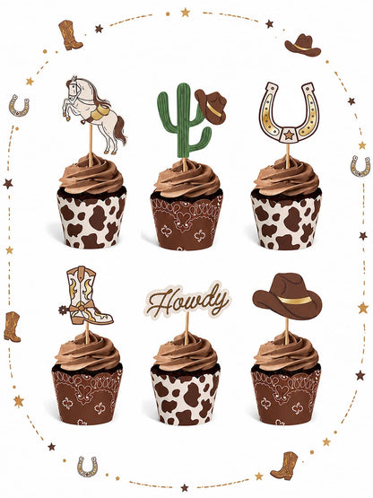 24pcs-Western Cupcake Liners| Cowboy Baby Shower| Howdy Wild West Horse Cactus Horseshoe Cupcake Selection, Birthday Cake Decoration, Country Dance Party Food Accessories, Little Cowboy Baby Shower