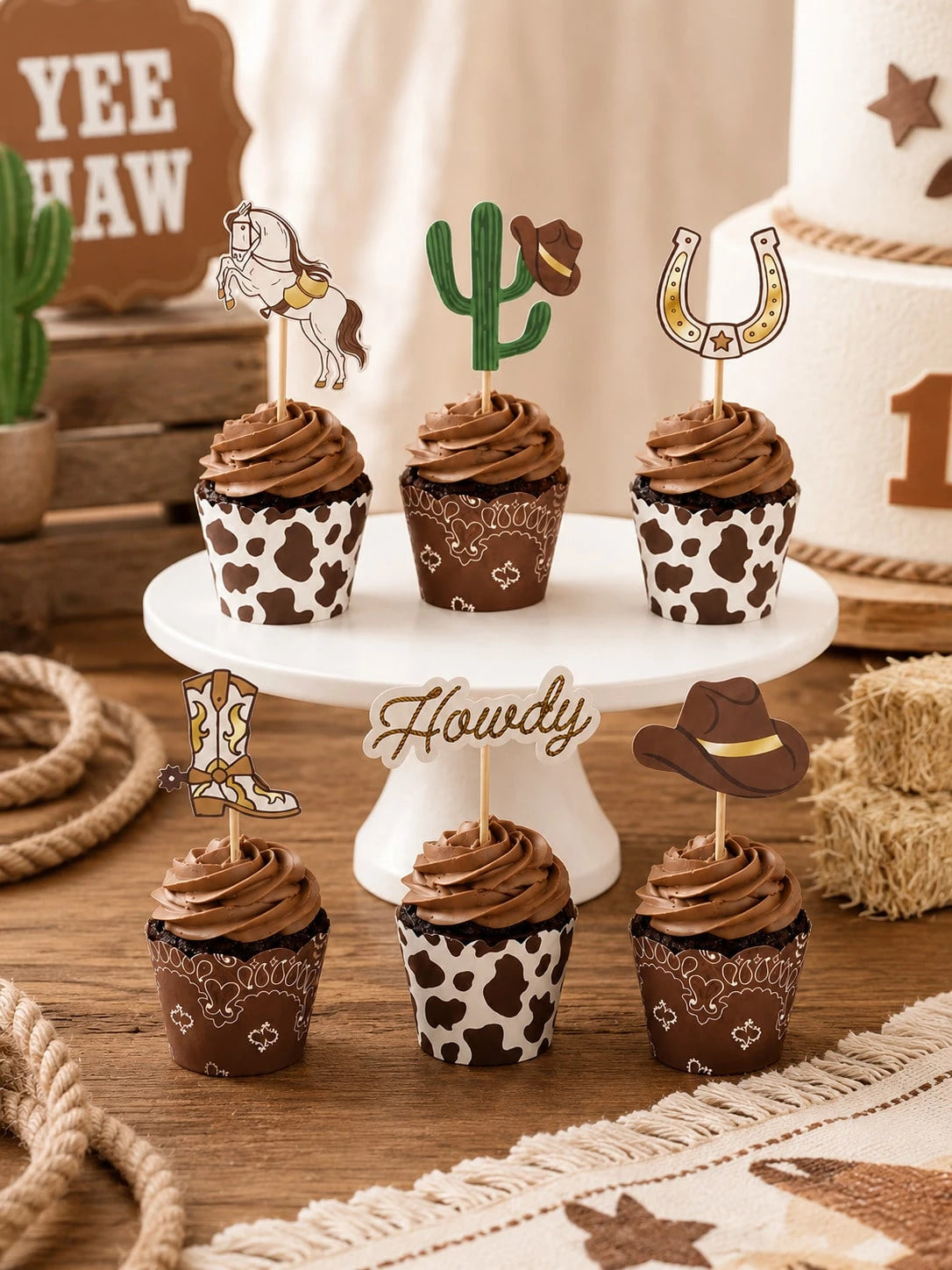 24pcs-Western Cupcake Liners| Cowboy Baby Shower| Howdy Wild West Horse Cactus Horseshoe Cupcake Selection, Birthday Cake Decoration, Country Dance Party Food Accessories, Little Cowboy Baby Shower