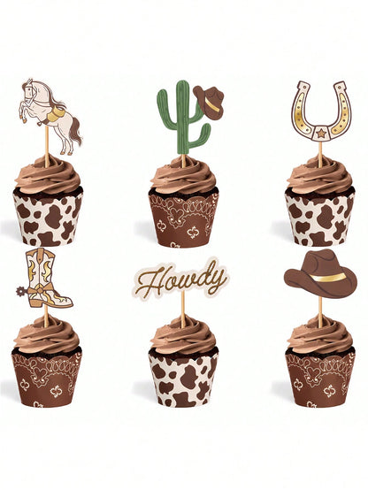 24pcs-Western Cupcake Liners| Cowboy Baby Shower| Howdy Wild West Horse Cactus Horseshoe Cupcake Selection, Birthday Cake Decoration, Country Dance Party Food Accessories, Little Cowboy Baby Shower