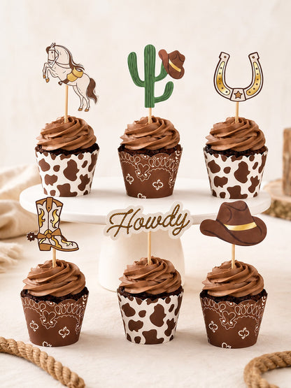 24pcs-Western Cupcake Liners| Cowboy Baby Shower| Howdy Wild West Horse Cactus Horseshoe Cupcake Selection, Birthday Cake Decoration, Country Dance Party Food Accessories, Little Cowboy Baby Shower