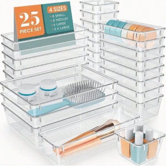 25 PCS Clear Plastic Drawer Organizers Set, 4 Sizes Clear Drawer Organizers & Storage Bins For Makeup/Jewelry Vanity, Kitchen Gadgets Or Office Desk. Bathroom Drawer Organizer Trays With Non-Slip Pads