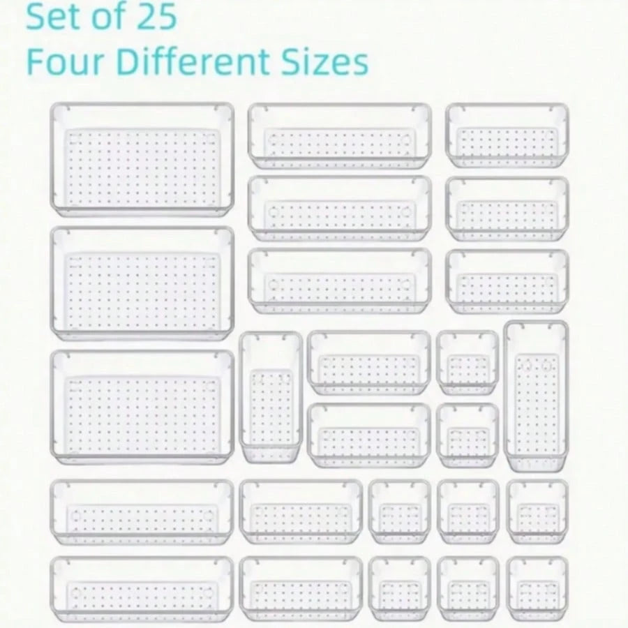 25 PCS Clear Plastic Drawer Organizers Set, 4 Sizes Clear Drawer Organizers & Storage Bins For Makeup/Jewelry Vanity, Kitchen Gadgets Or Office Desk. Bathroom Drawer Organizer Trays With Non-Slip Pads
