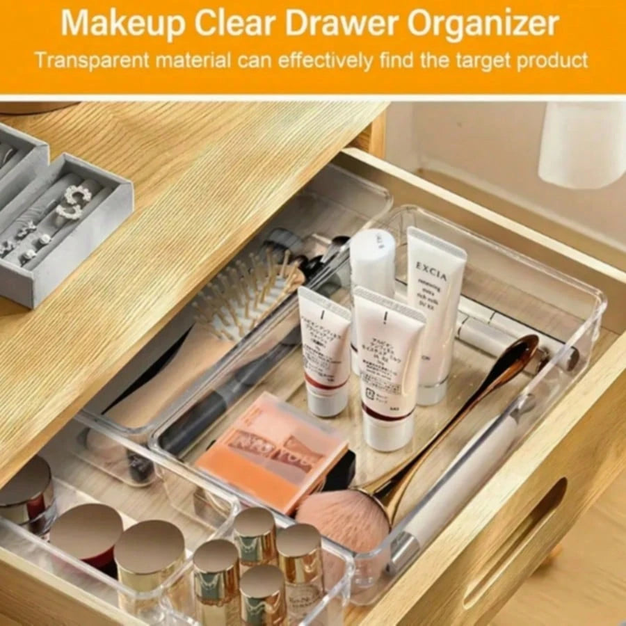 25 PCS Clear Plastic Drawer Organizers Set, 4 Sizes Clear Drawer Organizers & Storage Bins For Makeup/Jewelry Vanity, Kitchen Gadgets Or Office Desk. Bathroom Drawer Organizer Trays With Non-Slip Pads