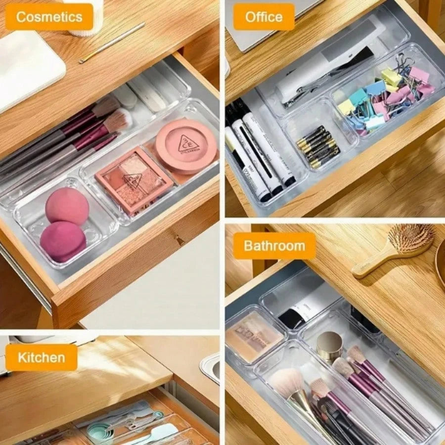 25 PCS Clear Plastic Drawer Organizers Set, 4 Sizes Clear Drawer Organizers & Storage Bins For Makeup/Jewelry Vanity, Kitchen Gadgets Or Office Desk. Bathroom Drawer Organizer Trays With Non-Slip Pads