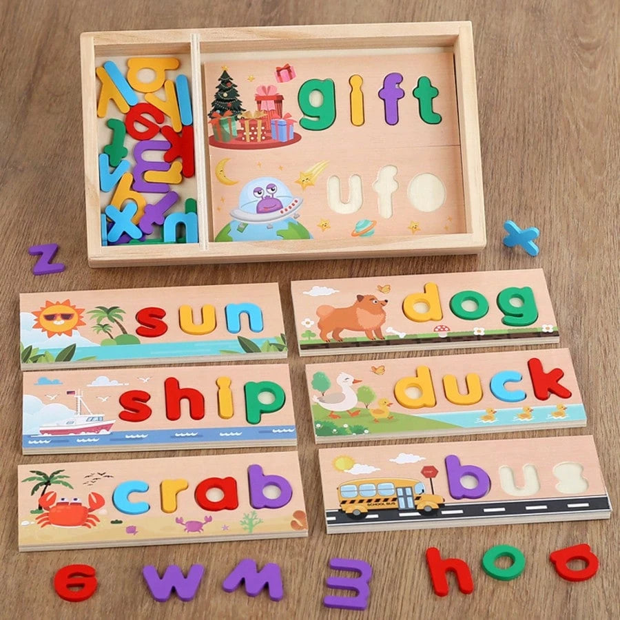 26pcs Multicolor Wooden Alphabet Letter Spelling Word Puzzle Board Game, Montessori Educational Learning Toy, Infant Toddler Travel Toy