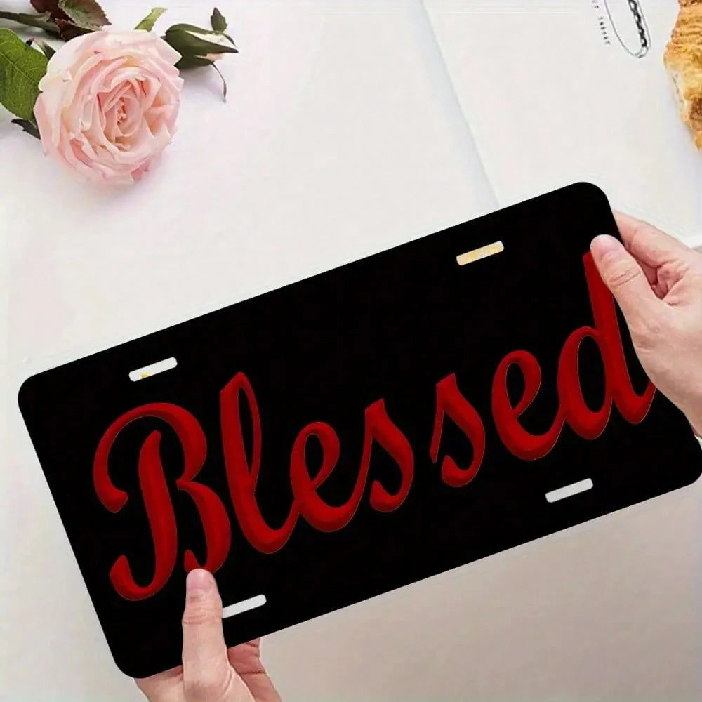 2D Flat, 2D Flat Red "Blessing" License Plate, Black Backing, Suitable For Vehicle Decoration, Car Accessories, Moon Design, Stylish Car Accessories, Durable Frame, High-Quality Metal, Front Plate Fra