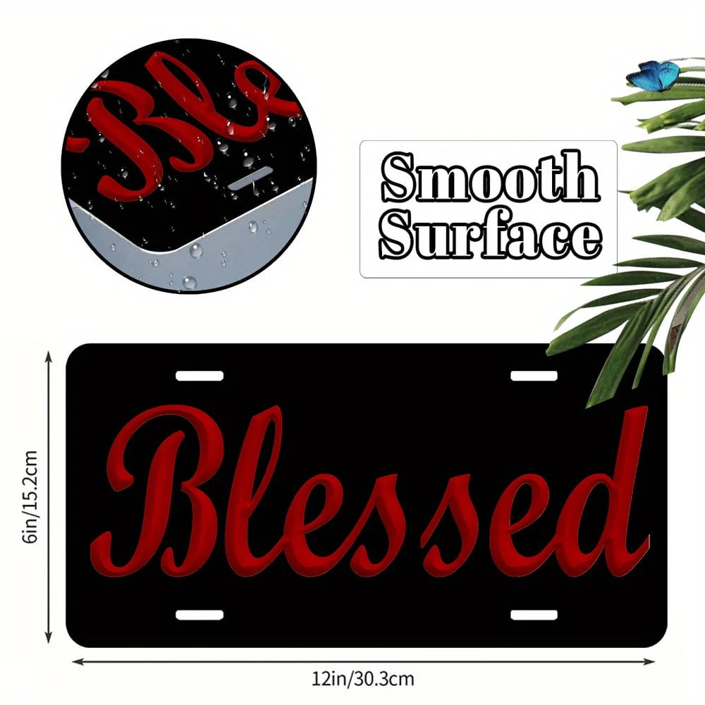 2D Flat, 2D Flat Red "Blessing" License Plate, Black Backing, Suitable For Vehicle Decoration, Car Accessories, Moon Design, Stylish Car Accessories, Durable Frame, High-Quality Metal, Front Plate Fra