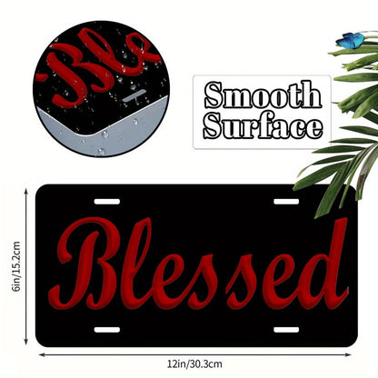 2D Flat, 2D Flat Red "Blessing" License Plate, Black Backing, Suitable For Vehicle Decoration, Car Accessories, Moon Design, Stylish Car Accessories, Durable Frame, High-Quality Metal, Front Plate Fra