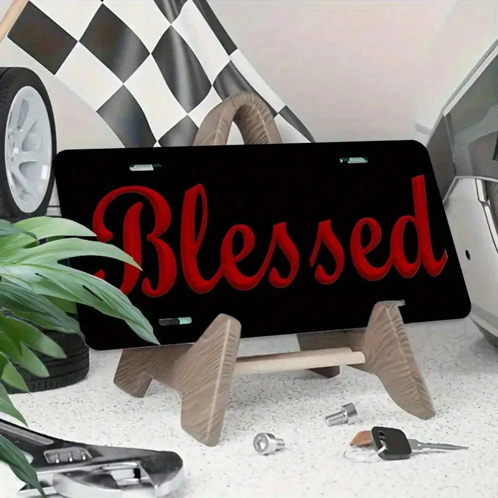 2D Flat, 2D Flat Red "Blessing" License Plate, Black Backing, Suitable For Vehicle Decoration, Car Accessories, Moon Design, Stylish Car Accessories, Durable Frame, High-Quality Metal, Front Plate Fra