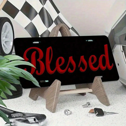 2D Flat, 2D Flat Red "Blessing" License Plate, Black Backing, Suitable For Vehicle Decoration, Car Accessories, Moon Design, Stylish Car Accessories, Durable Frame, High-Quality Metal, Front Plate Fra