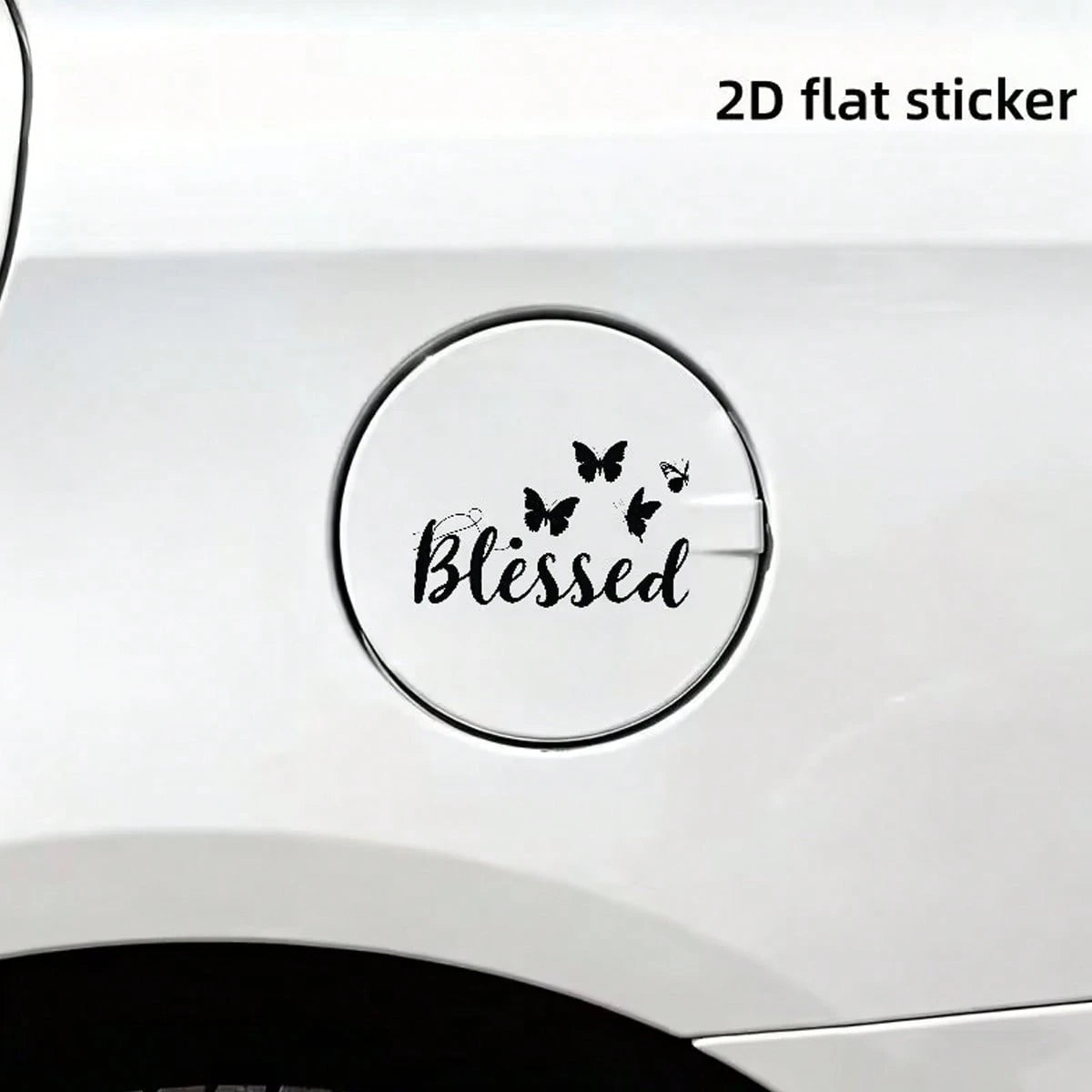 2D Flat Butterfly Outline Blessing Car Fuel Tank Cover Sticker, Elegant Floral Text Car Fuel Tank Door Decal, Vehicle Exterior Decoration