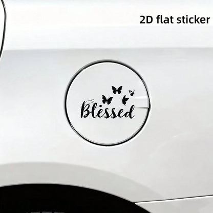 2D Flat Butterfly Outline Blessing Car Fuel Tank Cover Sticker, Elegant Floral Text Car Fuel Tank Door Decal, Vehicle Exterior Decoration