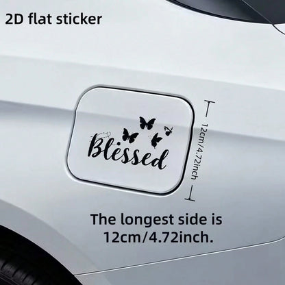 2D Flat Butterfly Outline Blessing Car Fuel Tank Cover Sticker, Elegant Floral Text Car Fuel Tank Door Decal, Vehicle Exterior Decoration