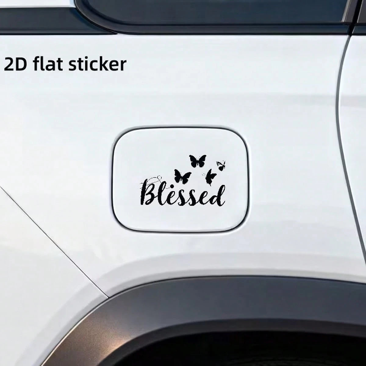 2D Flat Butterfly Outline Blessing Car Fuel Tank Cover Sticker, Elegant Floral Text Car Fuel Tank Door Decal, Vehicle Exterior Decoration