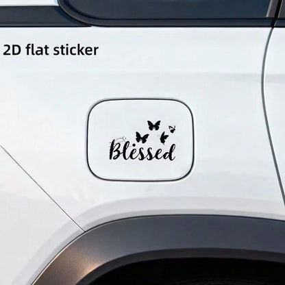 2D Flat Butterfly Outline Blessing Car Fuel Tank Cover Sticker, Elegant Floral Text Car Fuel Tank Door Decal, Vehicle Exterior Decoration