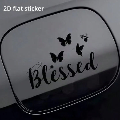 2D Flat Butterfly Outline Blessing Car Fuel Tank Cover Sticker, Elegant Floral Text Car Fuel Tank Door Decal, Vehicle Exterior Decoration