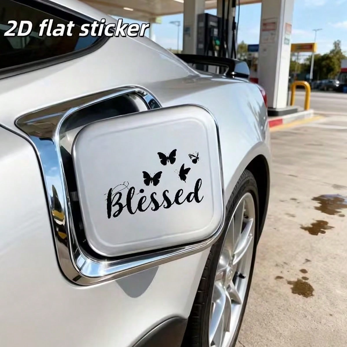2D Flat Butterfly Outline Blessing Car Fuel Tank Cover Sticker, Elegant Floral Text Car Fuel Tank Door Decal, Vehicle Exterior Decoration