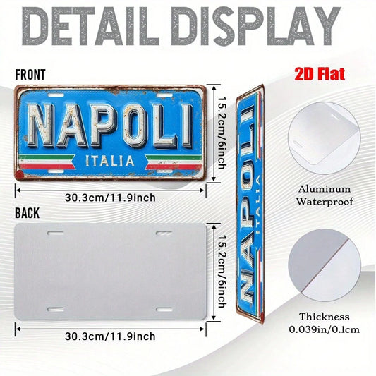 2D Flat- Vintage Napoli, Italy Metal Wall Art Sign- 11.9" X 6" Aluminum Outdoor Decor With Green Mossy Brick Background, Perfect For Garage, Front Yard, Gate, Porch, Bedroom, Coffee Shop, Bar, Garag
