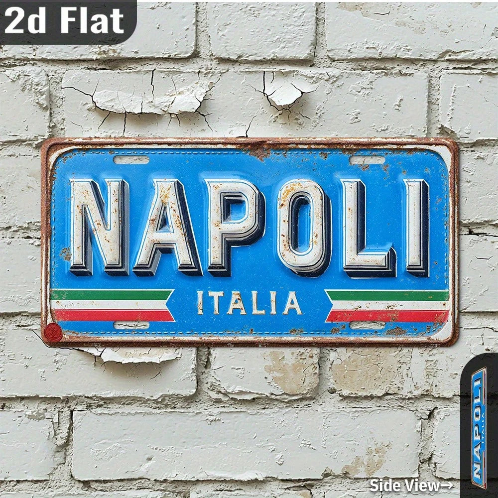 2D Flat- Vintage Napoli, Italy Metal Wall Art Sign- 11.9" X 6" Aluminum Outdoor Decor With Green Mossy Brick Background, Perfect For Garage, Front Yard, Gate, Porch, Bedroom, Coffee Shop, Bar, Garag