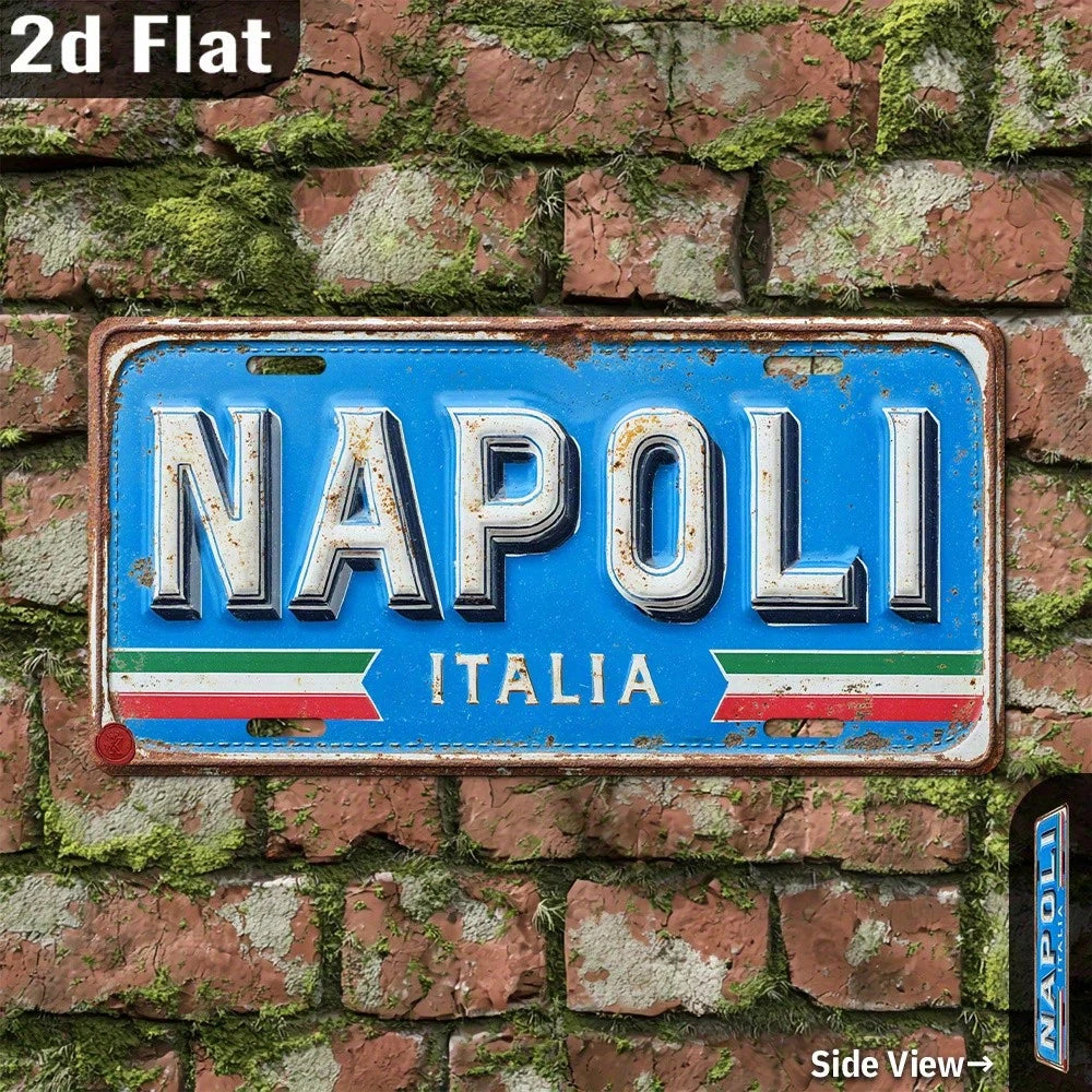 2D Flat- Vintage Napoli, Italy Metal Wall Art Sign- 11.9" X 6" Aluminum Outdoor Decor With Green Mossy Brick Background, Perfect For Garage, Front Yard, Gate, Porch, Bedroom, Coffee Shop, Bar, Garag