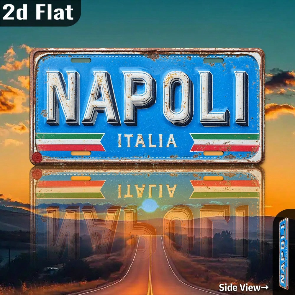 2D Flat- Vintage Napoli, Italy Metal Wall Art Sign- 11.9" X 6" Aluminum Outdoor Decor With Green Mossy Brick Background, Perfect For Garage, Front Yard, Gate, Porch, Bedroom, Coffee Shop, Bar, Garag
