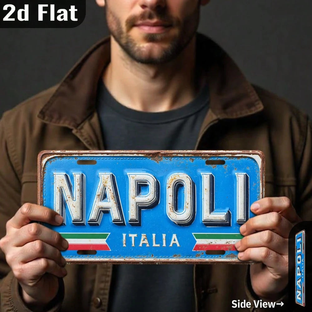 2D Flat- Vintage Napoli, Italy Metal Wall Art Sign- 11.9" X 6" Aluminum Outdoor Decor With Green Mossy Brick Background, Perfect For Garage, Front Yard, Gate, Porch, Bedroom, Coffee Shop, Bar, Garag