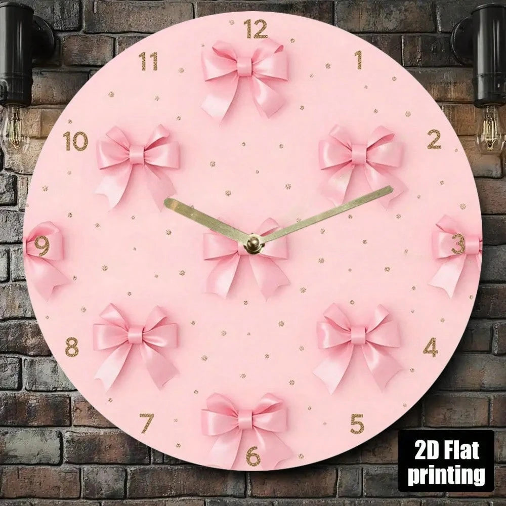 2D Flat Wall Clock- Pink Bow And Gold Dot Design, Silent Acrylic Battery-Powered Round Clock, Suitable For Living Room, Bedroom