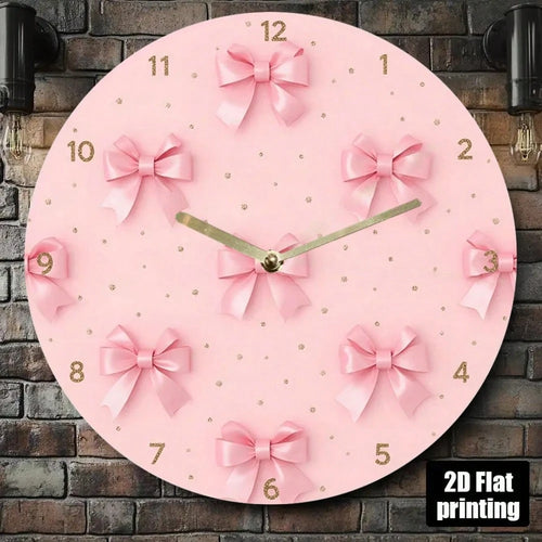 2D Flat Wall Clock- Pink Bow And Gold Dot Design, Silent Acrylic Battery-Powered Round Clock, Suitable For Living Room, Bedroom