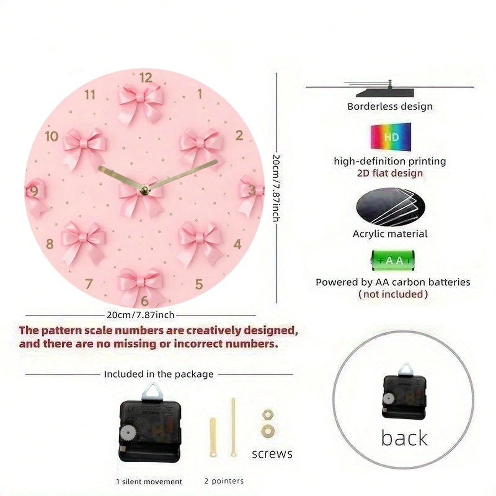 2D Flat Wall Clock- Pink Bow And Gold Dot Design, Silent Acrylic Battery-Powered Round Clock, Suitable For Living Room, Bedroom
