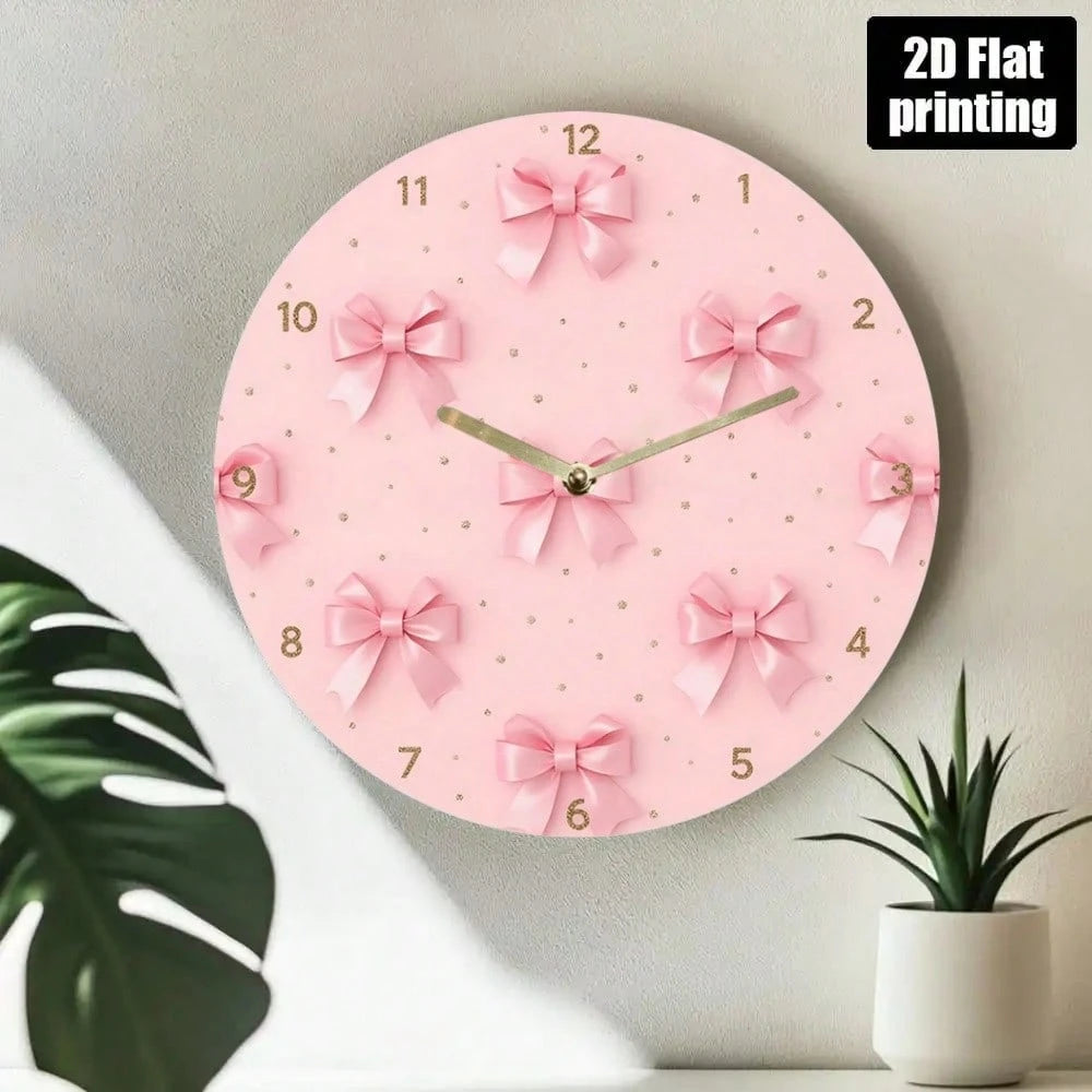 2D Flat Wall Clock- Pink Bow And Gold Dot Design, Silent Acrylic Battery-Powered Round Clock, Suitable For Living Room, Bedroom