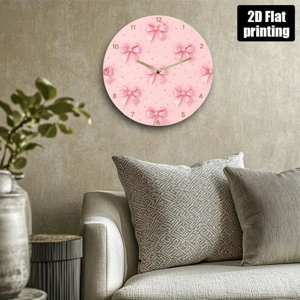 2D Flat Wall Clock- Pink Bow And Gold Dot Design, Silent Acrylic Battery-Powered Round Clock, Suitable For Living Room, Bedroom