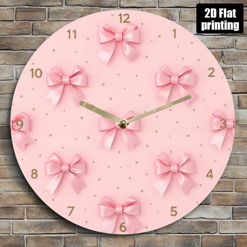 2D Flat Wall Clock- Pink Bow And Gold Dot Design, Silent Acrylic Battery-Powered Round Clock, Suitable For Living Room, Bedroom