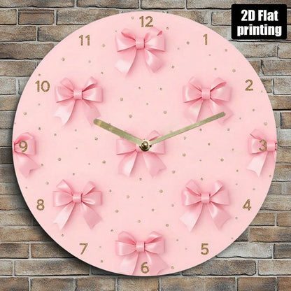2D Flat Wall Clock- Pink Bow And Gold Dot Design, Silent Acrylic Battery-Powered Round Clock, Suitable For Living Room, Bedroom