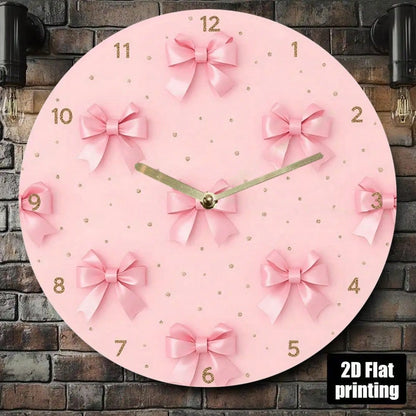 2D Flat Wall Clock- Pink Bow And Gold Dot Design, Silent Acrylic Battery-Powered Round Clock, Suitable For Living Room, Bedroom