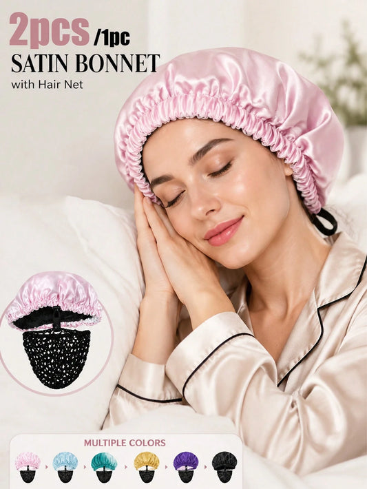 2pcs/1pc Adjustable Sleep Cap With Inner Hair Net Set, Double-Layer Satin Hair Care Bonnet, Elastic Design For Adjustable Size, Prevents Messy Hair And Reduces Friction Damage During Sleep, Hollow Bla